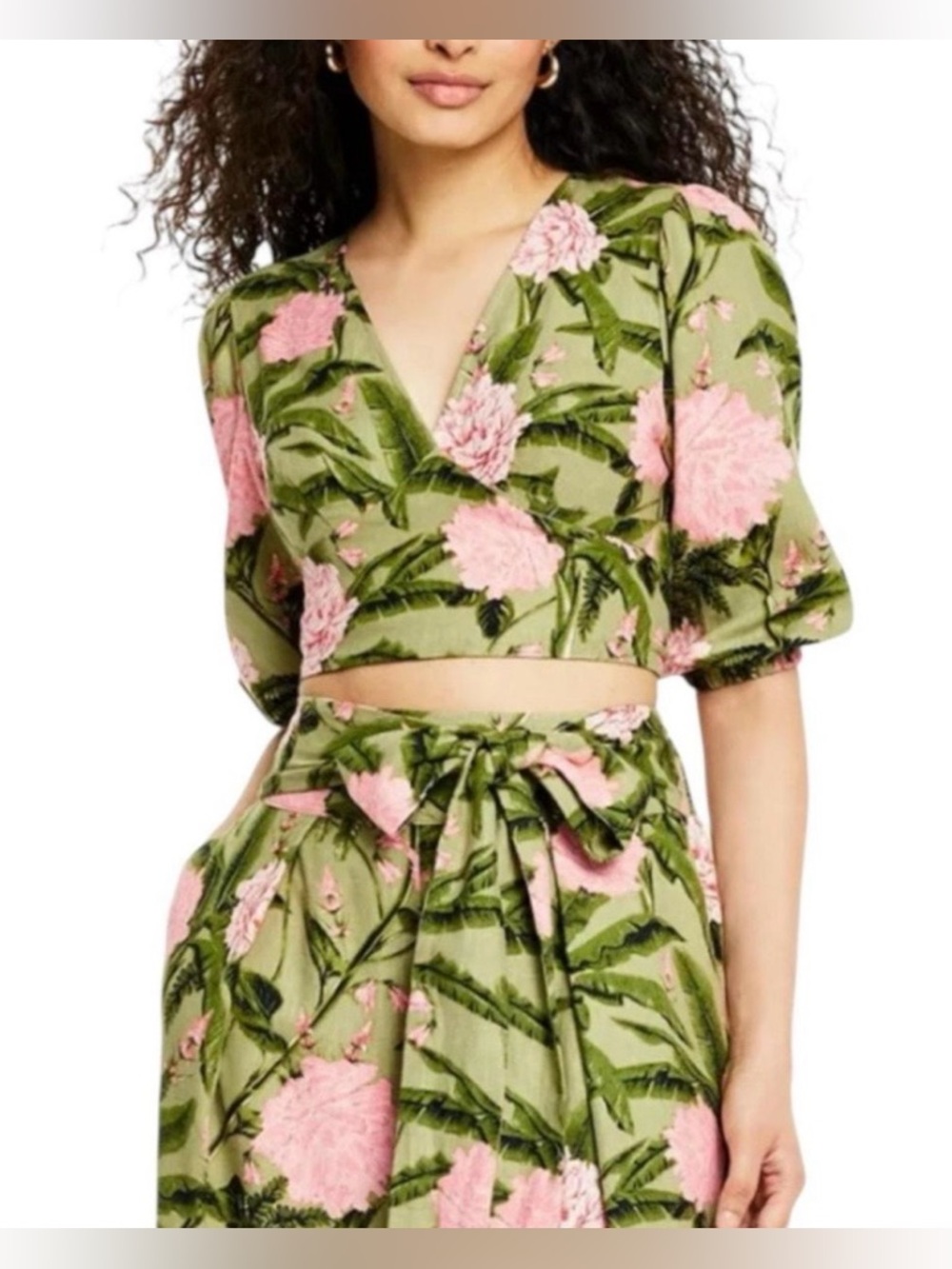 Agua Bendita Green Floral Wrap Crop Top with Pink Blooms